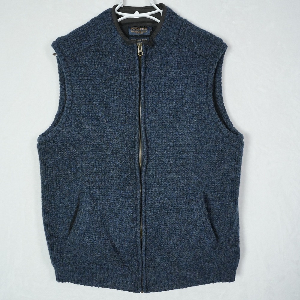 Pendleton‎ Mens Washable Shetland Wool Full Zip Fleece Lined Vest Blue L - READ